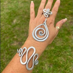 Modern 3 Piece Aluminum Cuff Bracelet, Ring, and Pendant Set